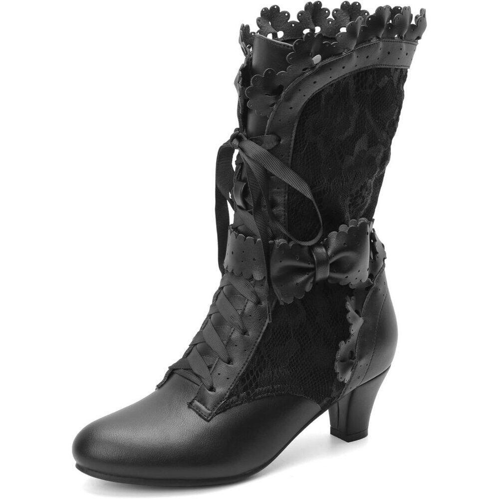 Women's Leather Black Victorian Boots Chunky Heel Lace up Cute Bow Knot Mid Calf